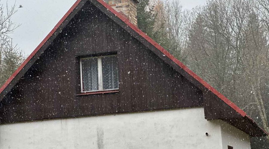 Schnee fällt vor einem Haus mit Holzfassade.